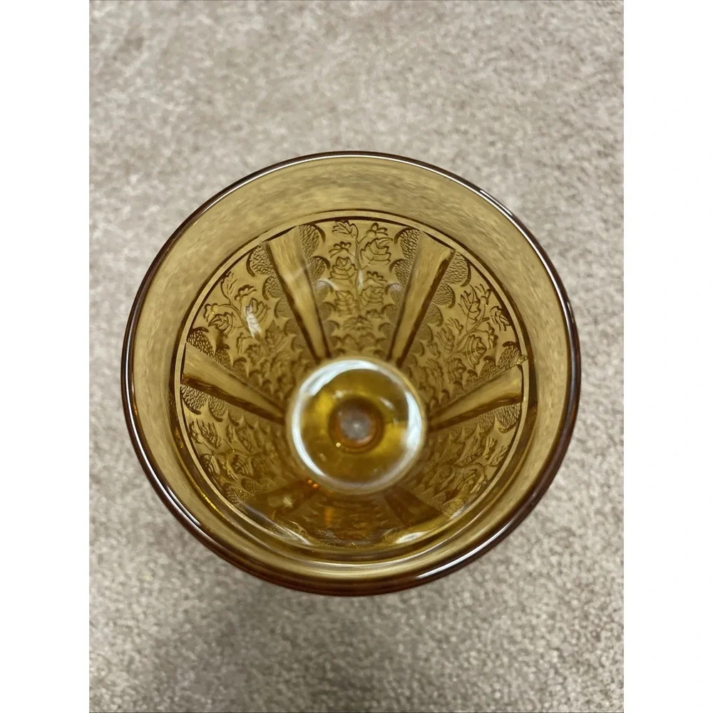 Vintage‎ 70's Retro Indiana Glass Button Daisy Leaf Tiara Amber Footed Goblet 6